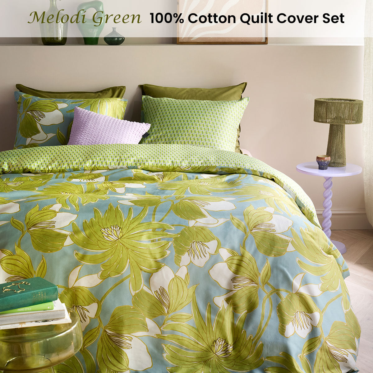 Oilily Melodi Green Cotton Floral Quilt Cover Set Queen