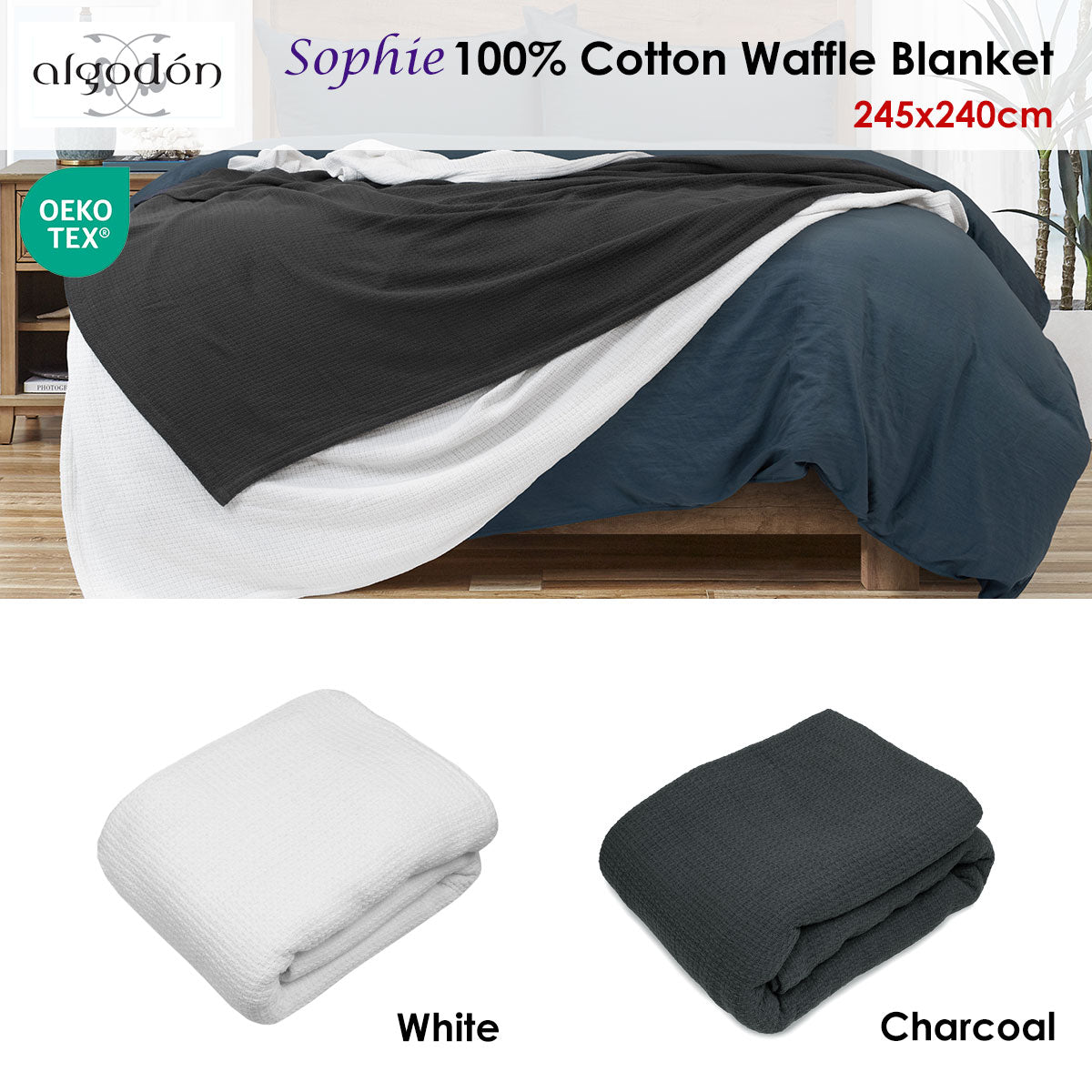 Algodon Sophie Cotton Waffle Blanket Queen 245x240cm Charcoal