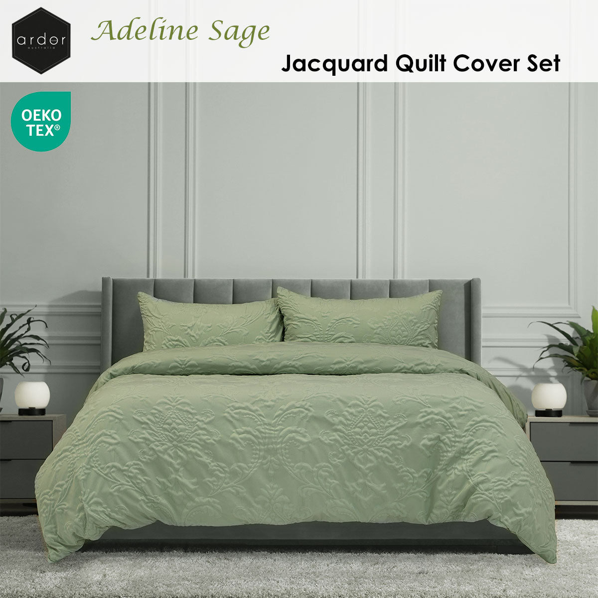 Ardor Adeline Sage Jacquard Damask Quilt Cover Set Queen