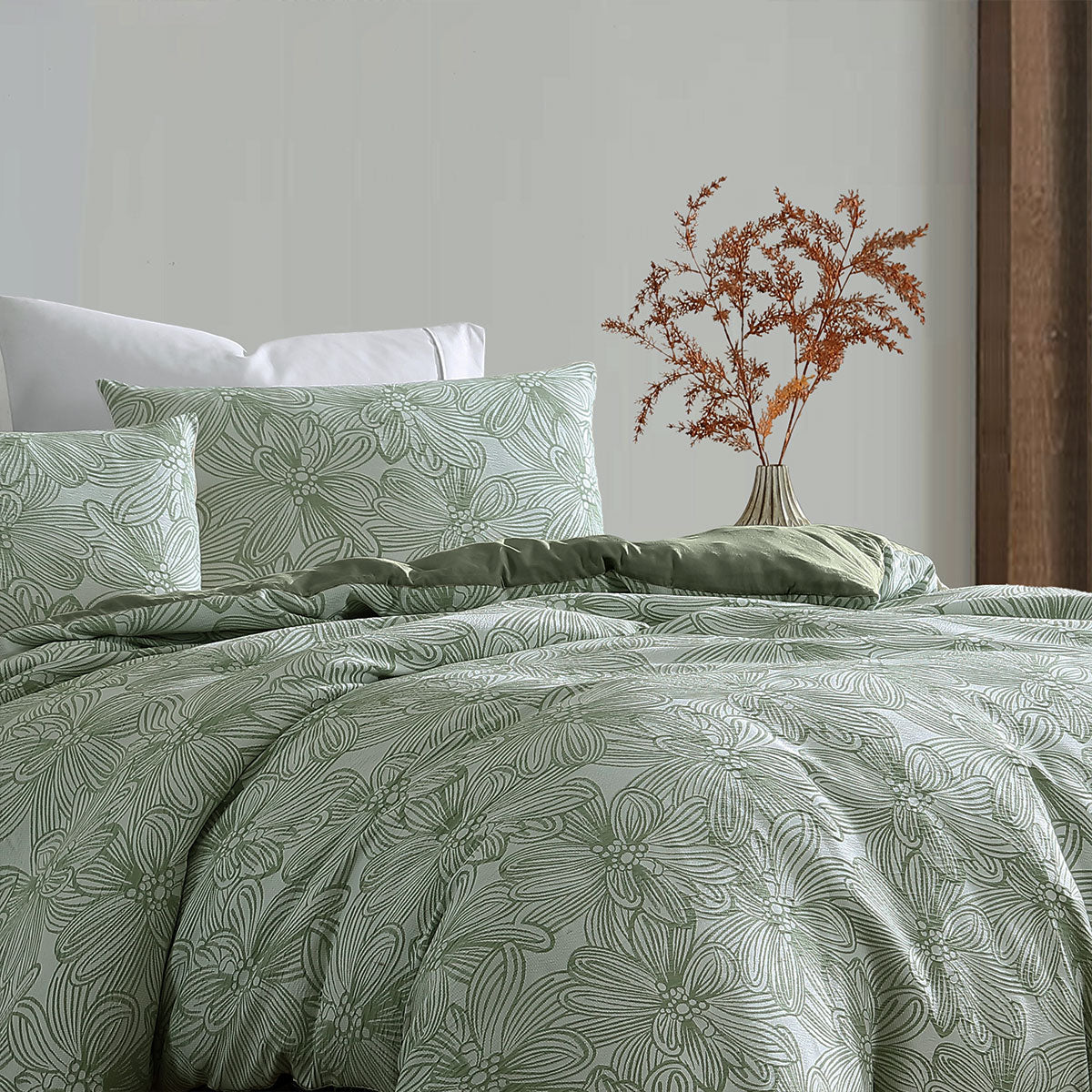 Ardor Avena Green Textured Floral Jacquard Quilt Cover Set King