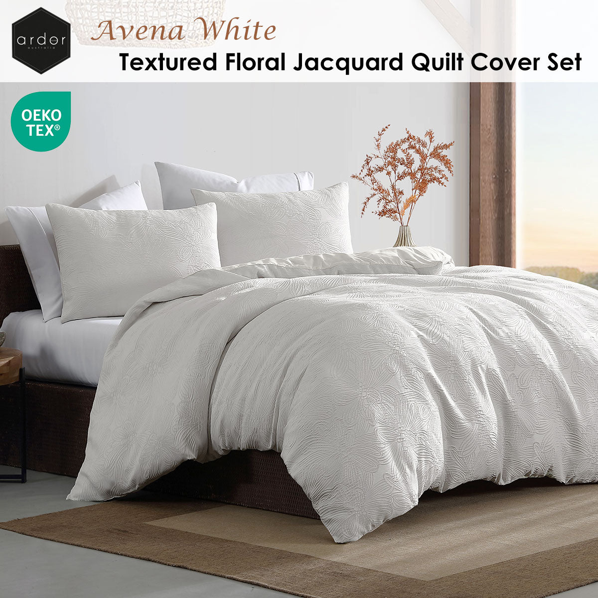 Ardor Avena White Textured Floral Jacquard Quilt Cover Set King