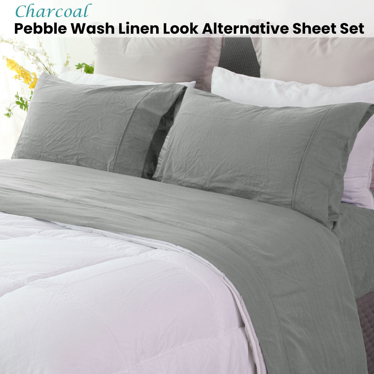 Ramesses Charcoal Pebble Wash Linen Look Alternative Sheet Set Queen