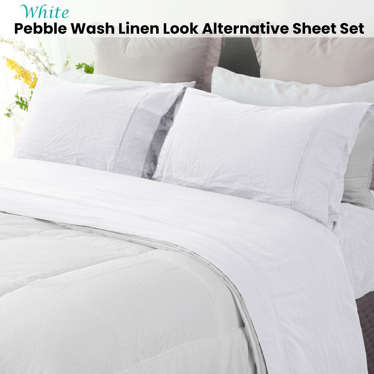 Ramesses White Pebble Wash Linen Look Alternative Sheet Set King Single