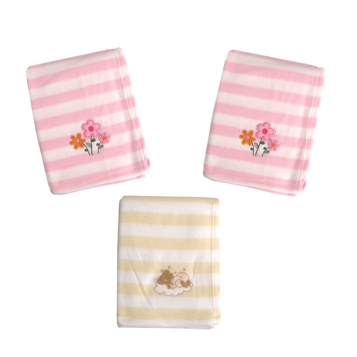 Living Home for Baby Girls Flowers and Bear Pack of 3 Embroidered Polar fleece Stripe Cot Blankets 100 x 140cm