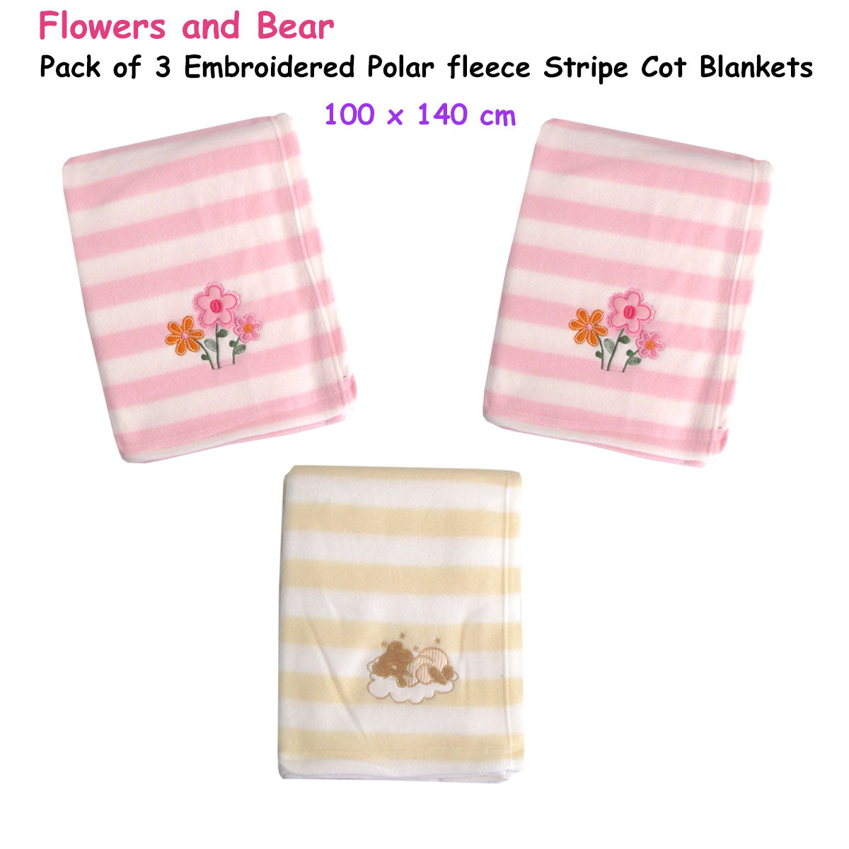 Living Home for Baby Girls Flowers and Bear Pack of 3 Embroidered Polar fleece Stripe Cot Blankets 100 x 140cm