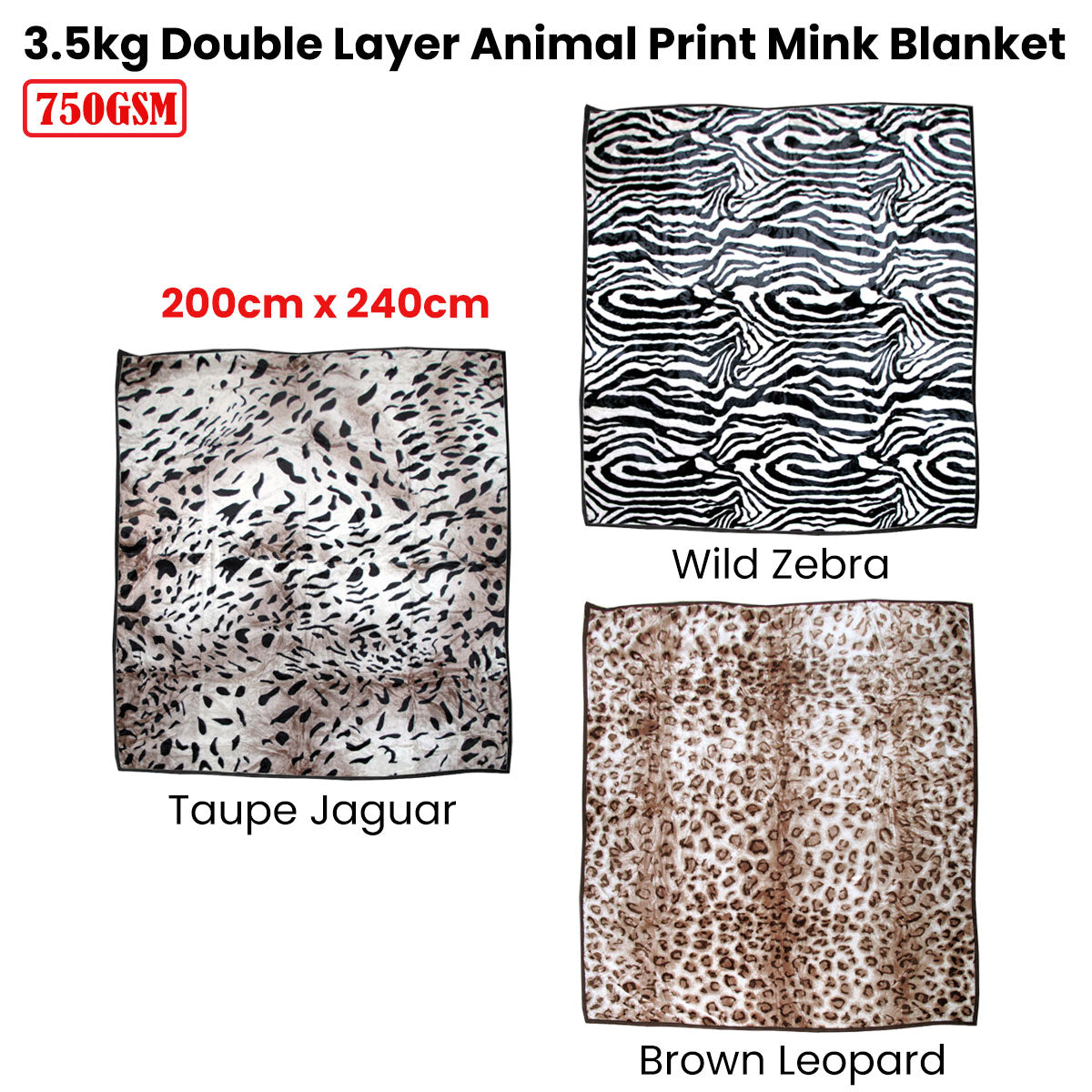 750gsm 3.5kg Double Layer Animal Print Faux Mink Blanket Queen 200x240 cm Taupe Jaguar