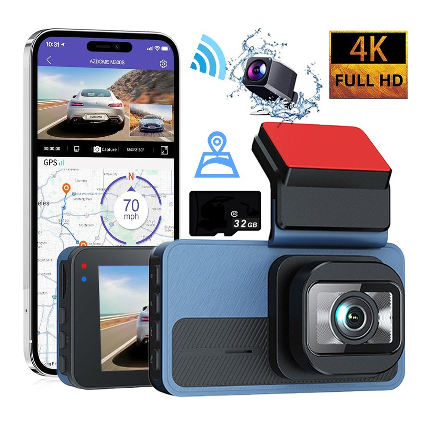 4K+2.5K Dual Dash Cam with WiFi GPS ADAS, Front and Rear Car Camera Recorder with 32GB Card
