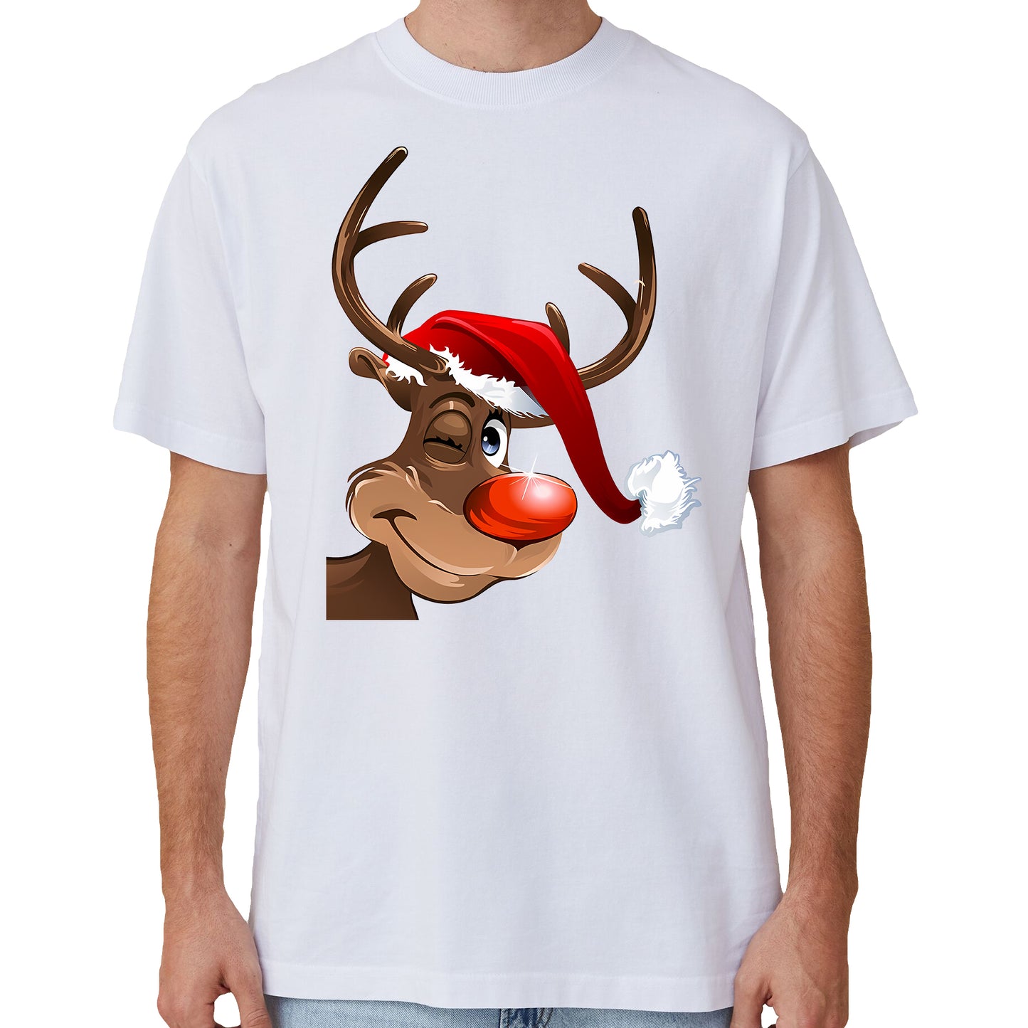 100% Cotton Christmas T-shirt Adult Unisex Tee Tops Funny Santa Party Custume, Reindeer Wink (White), S
