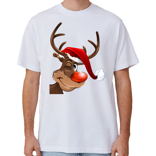 100% Cotton Christmas T-shirt Adult Unisex Tee Tops Funny Santa Party Custume, Reindeer Wink (White), L