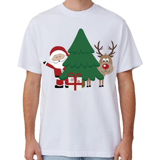 100% Cotton Christmas T-shirt Adult Unisex Tee Tops Funny Santa Party Custume, Santa with Tree (White), S