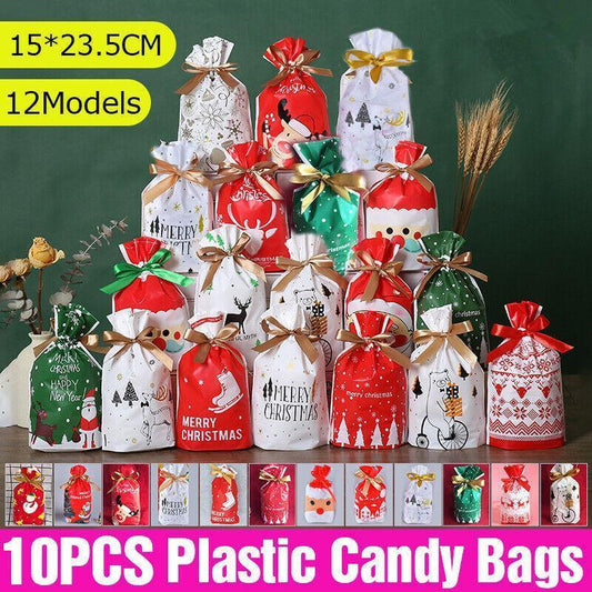 10pcs Christmas Candy Bags Gift Treat Drawstring Pouches Biscuit Cookie Packaging - 10Pcs Bag-Merry Christmas