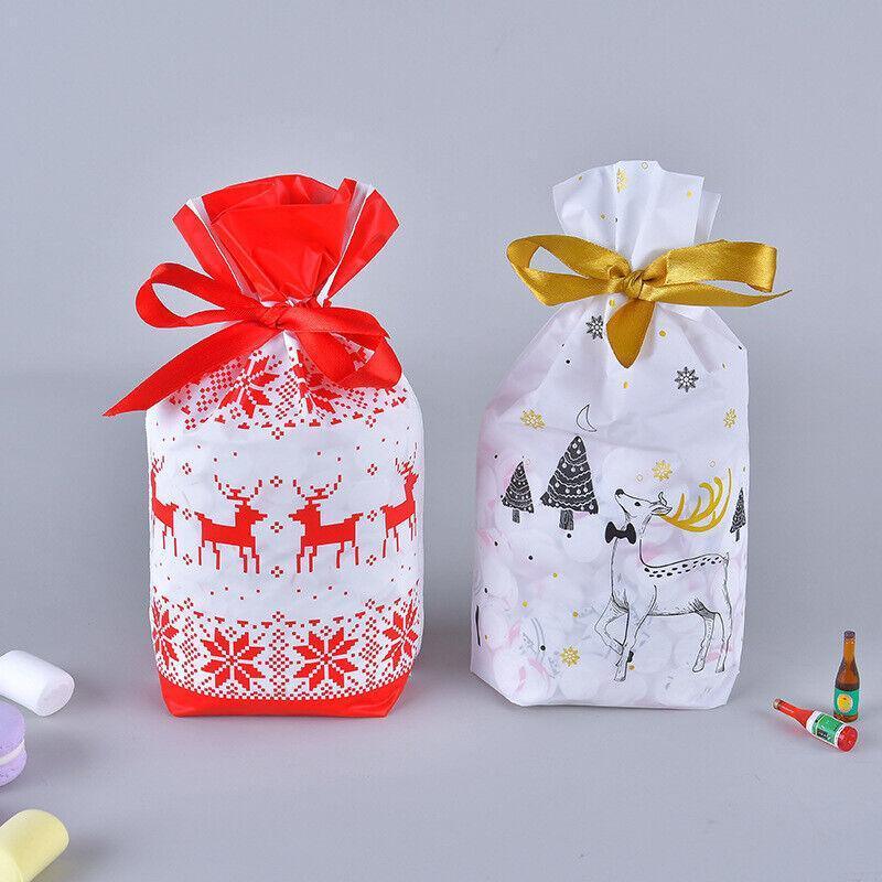 10pcs Christmas Candy Bags Gift Treat Drawstring Pouches Biscuit Cookie Packaging - 10Pcs Bag-Red Tree