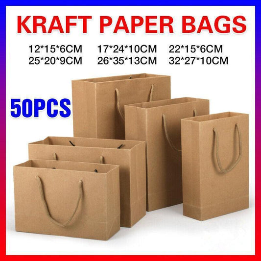 50X Kraft Paper Bags Gift Shopping Carry Craft Brown Bag With Handles - 50PCS  25*20*9CM