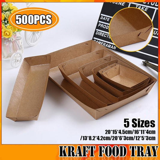 500PCS Kraft Cardboard Food Disposable Tray Brown Party Chips Takeaway Container - 3# 16*11*4cm