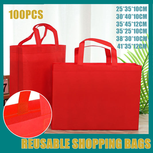 100PCS Reusable Non Woven Shopping Bags Eco Friendly Washable Tote Bags Red - 38X30X10CM