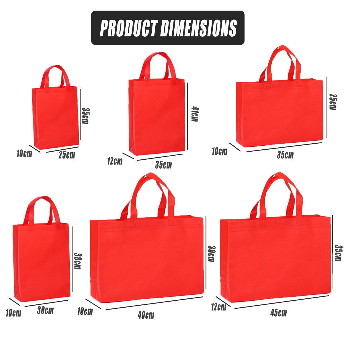 100PCS Reusable Non Woven Shopping Bags Eco Friendly Washable Tote Bags Red - 38X30X10CM