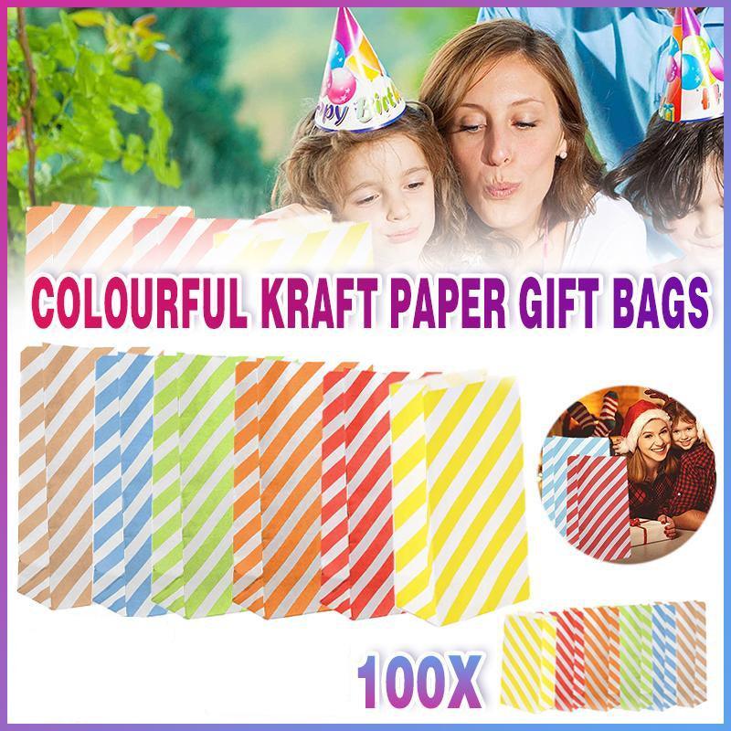 100X Colourful Plaid Kraft Paper Bag Candy Cookie Snack Cake Gift Bags 9X6X18cm - Green