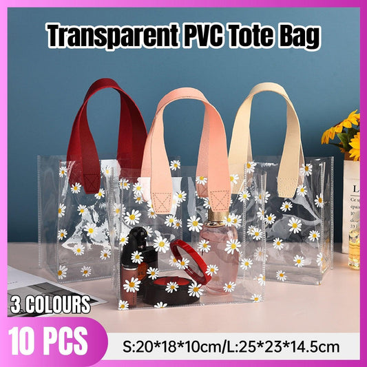 10pcs Small Fresh Transparent PVC Tote Bag Wedding Candy Gift Bag Daisy Design - Red - S