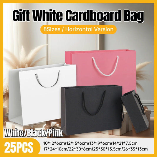 25X Kraft Paper Bags Gift Shopping Bag Carry White Pink Black Bag With Handles - Pink-14-21-7.5