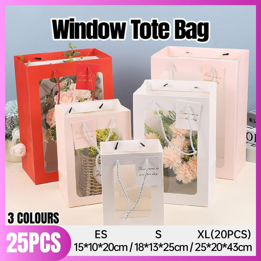 25x Thick Gift Bags with Transparent Window for Valentines Day Bouquets and Gift - Tote-Bag-25pcs-Red-18-13-25cm