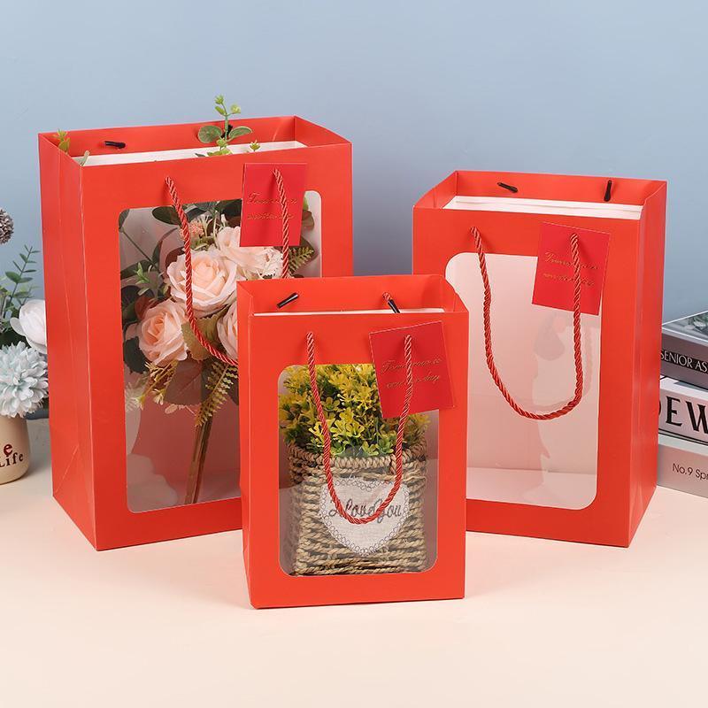 25x Thick Gift Bags with Transparent Window for Valentines Day Bouquets and Gift - Tote-Bag-25pcs-Red-18-13-25cm