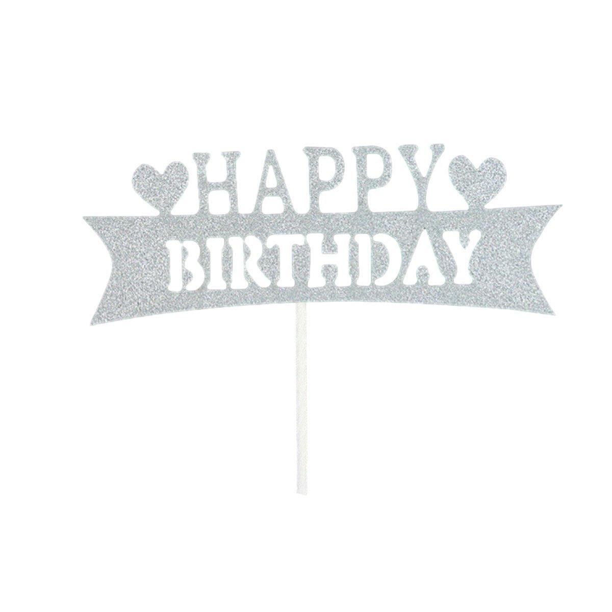 Happy Birthday Cake Topper Colour Printed Acrylic Party Decorations - Silver-Bowknot