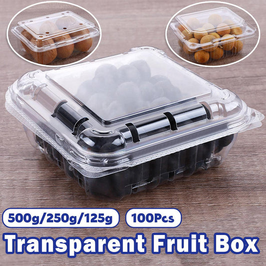100pcs Transparent Plastic Fruit Box with Tape Cover Storage Packaging for Fruit - 250g
