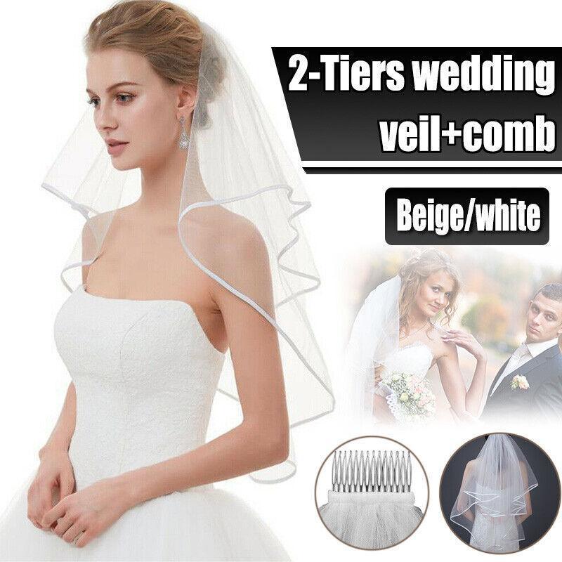 Bridal 2 Layer Wedding Veil with Comb Satin Edge Short Tulle for Women White Ivory - Beige