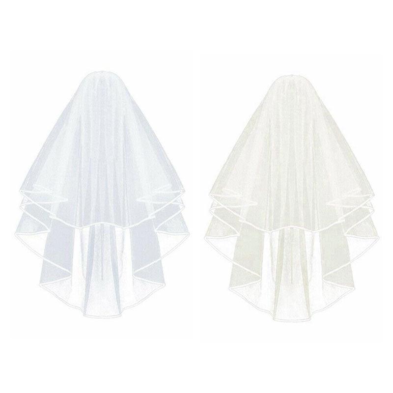 Bridal 2 Layer Wedding Veil with Comb Satin Edge Short Tulle for Women White Ivory - Beige
