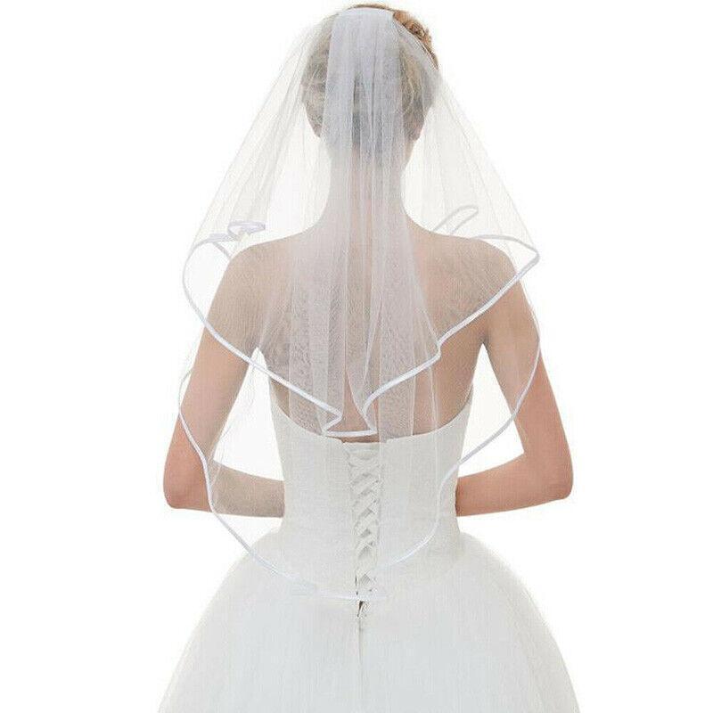 Bridal 2 Layer Wedding Veil with Comb Satin Edge Short Tulle for Women White Ivory - Beige