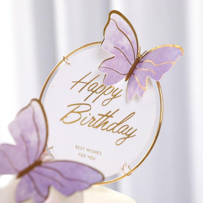 10Pcs Butterfly Paper Toppers Happy Birthday Cake & Festival Theme Decor - Purple Stripe