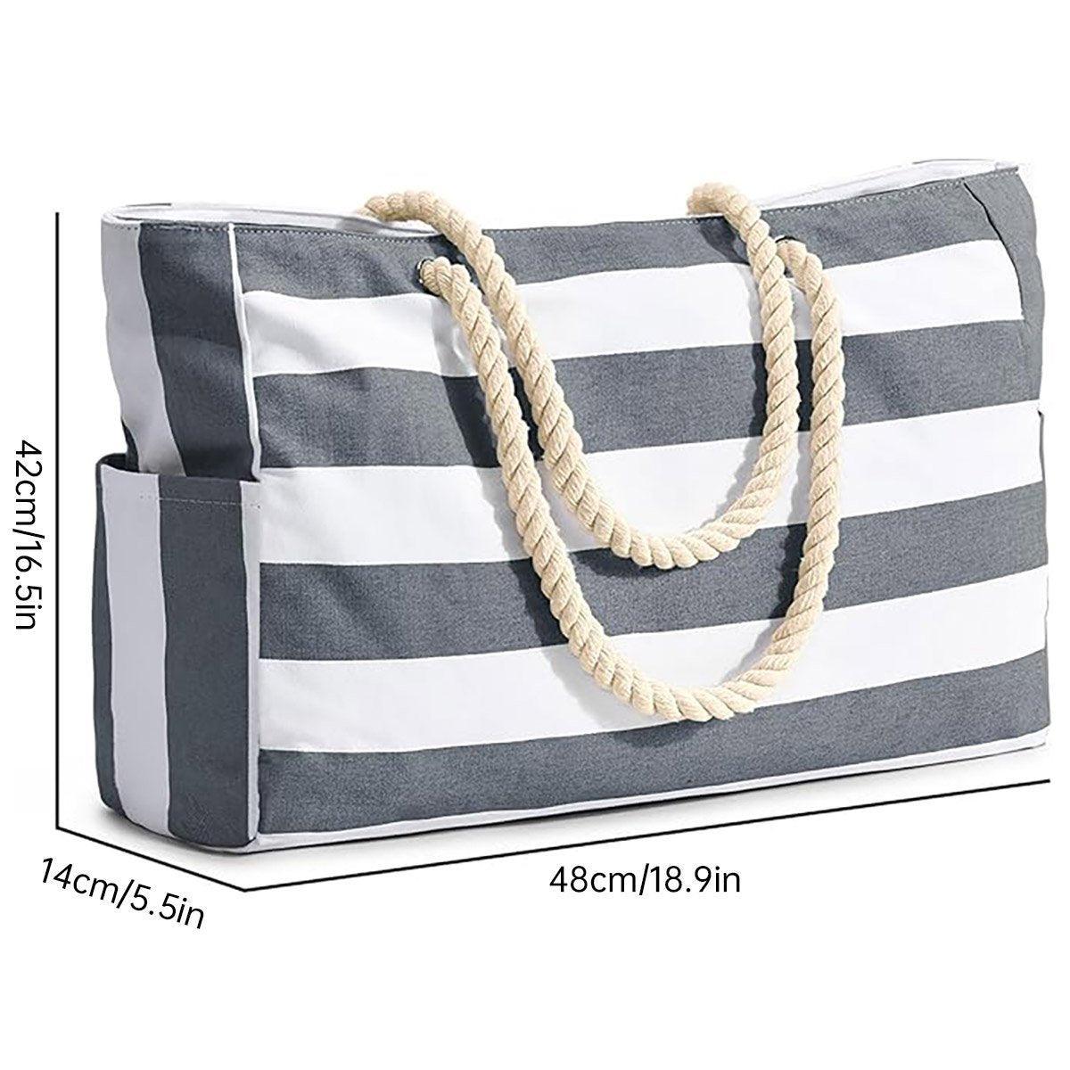 Large Bohemian Striped Canvas Beach Bag Zipper Tote for Travel Outdoor Vacation - Grey