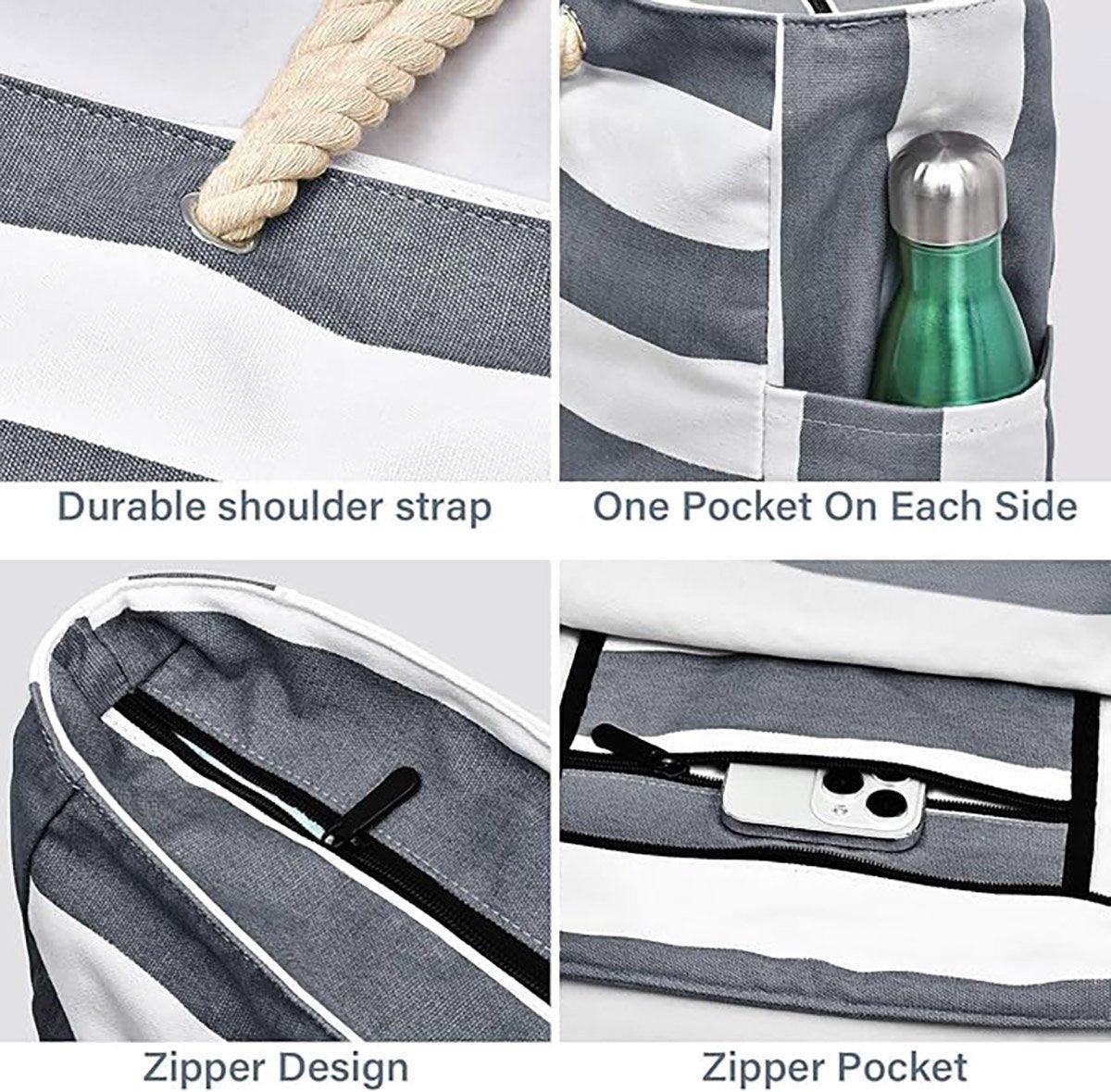 Large Bohemian Striped Canvas Beach Bag Zipper Tote for Travel Outdoor Vacation - Matcha