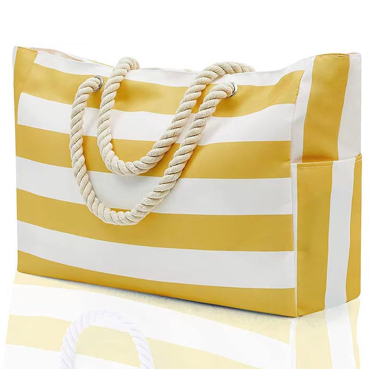 Large Bohemian Striped Canvas Beach Bag Zipper Tote for Travel Outdoor Vacation - Matcha