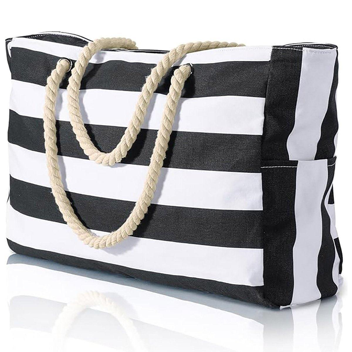 Large Bohemian Striped Canvas Beach Bag Zipper Tote for Travel Outdoor Vacation - Matcha