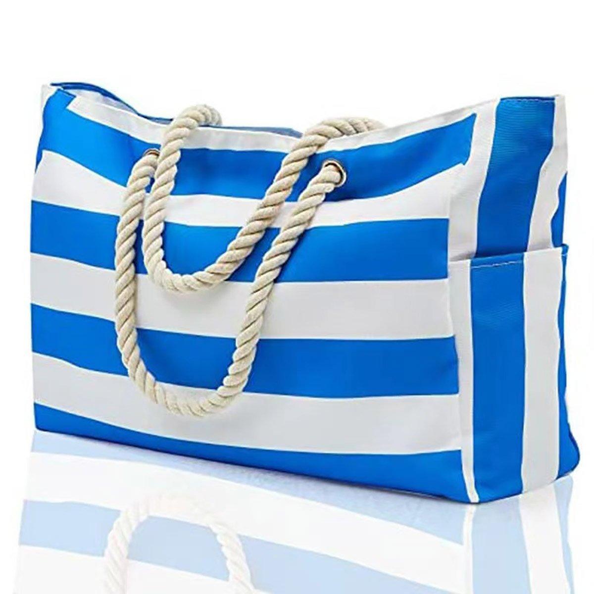 Large Bohemian Striped Canvas Beach Bag Zipper Tote for Travel Outdoor Vacation - Matcha