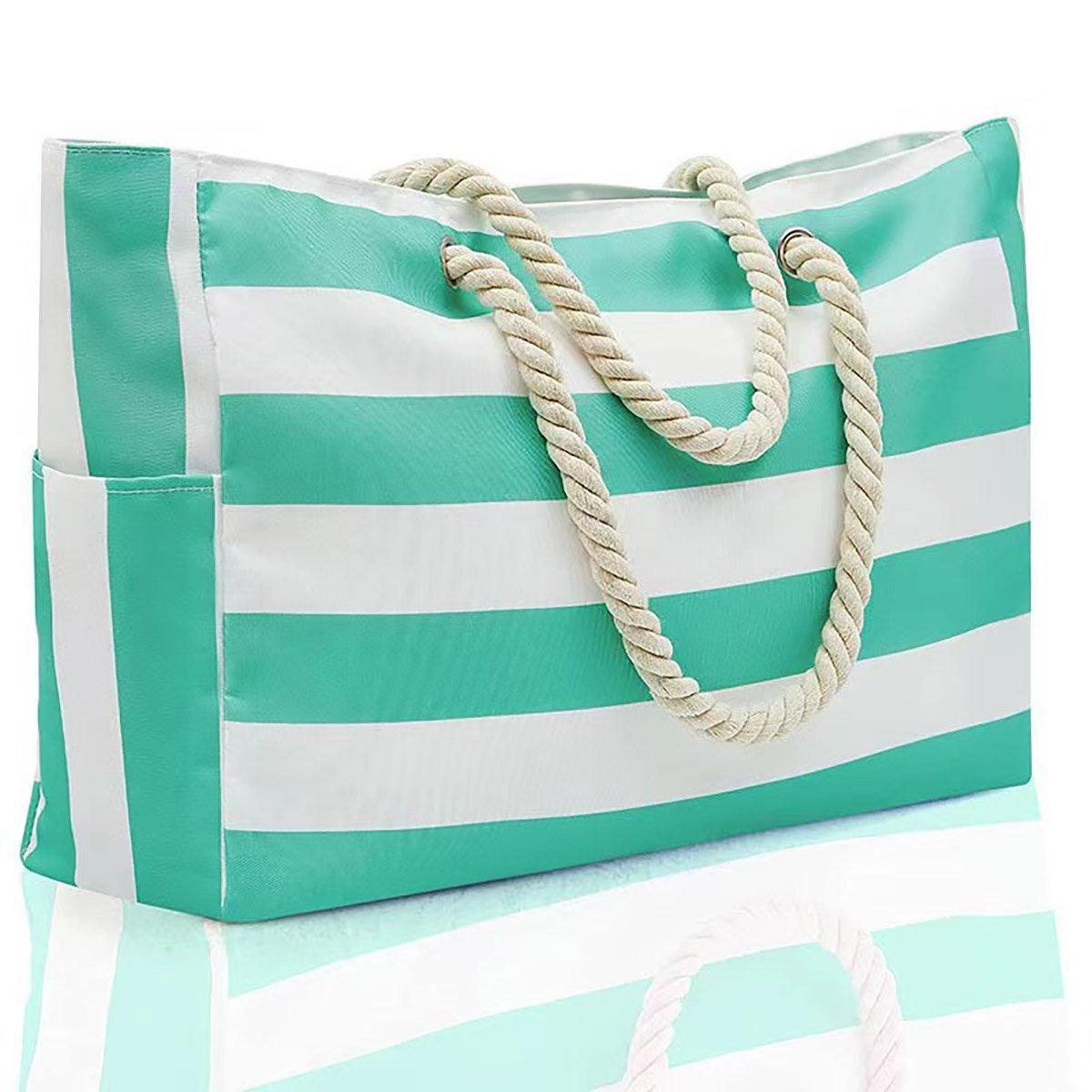 Large Bohemian Striped Canvas Beach Bag Zipper Tote for Travel Outdoor Vacation - Matcha