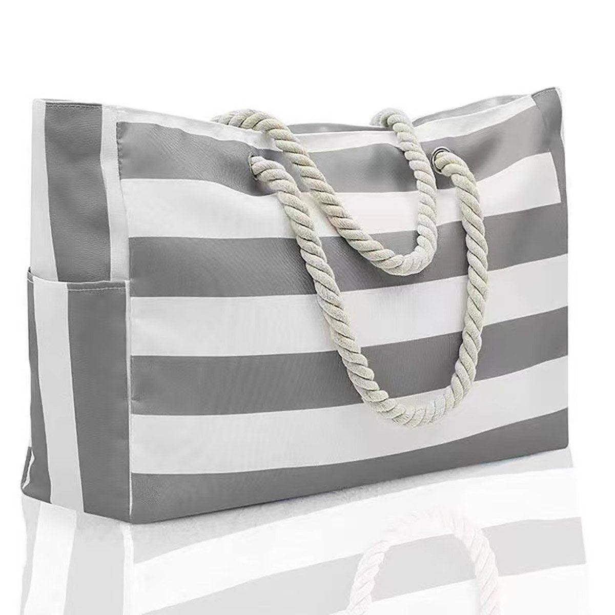 Large Bohemian Striped Canvas Beach Bag Zipper Tote for Travel Outdoor Vacation - Yellow