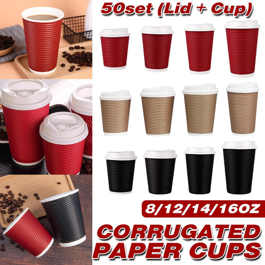 50sets Corrugated Paper Cups Coffee Milk Tea Cups Disposable Hot Drink Cups - Red-16oz