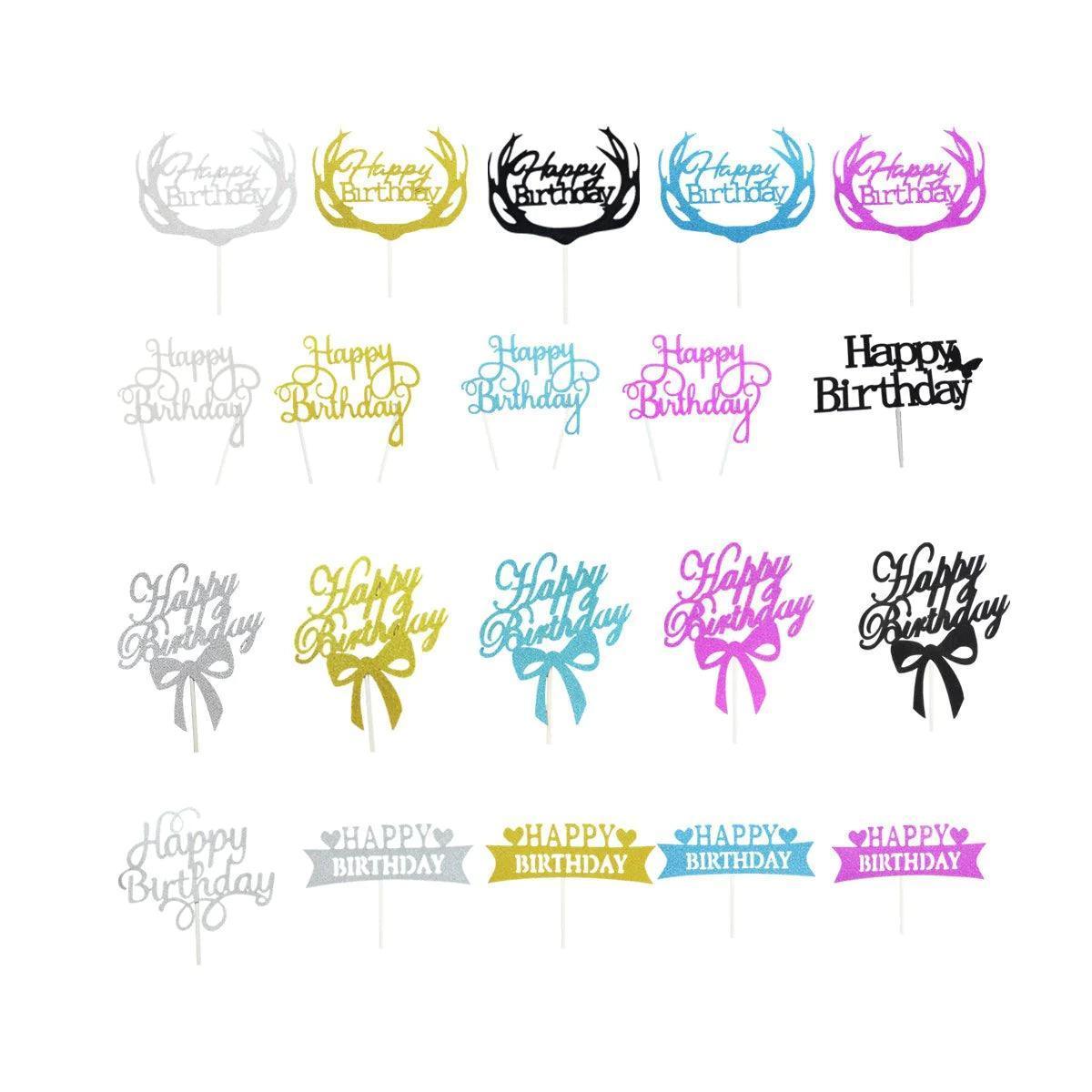 Happy Birthday Cake Topper Colour Printed Acrylic Party Decorations - Gold-Deer