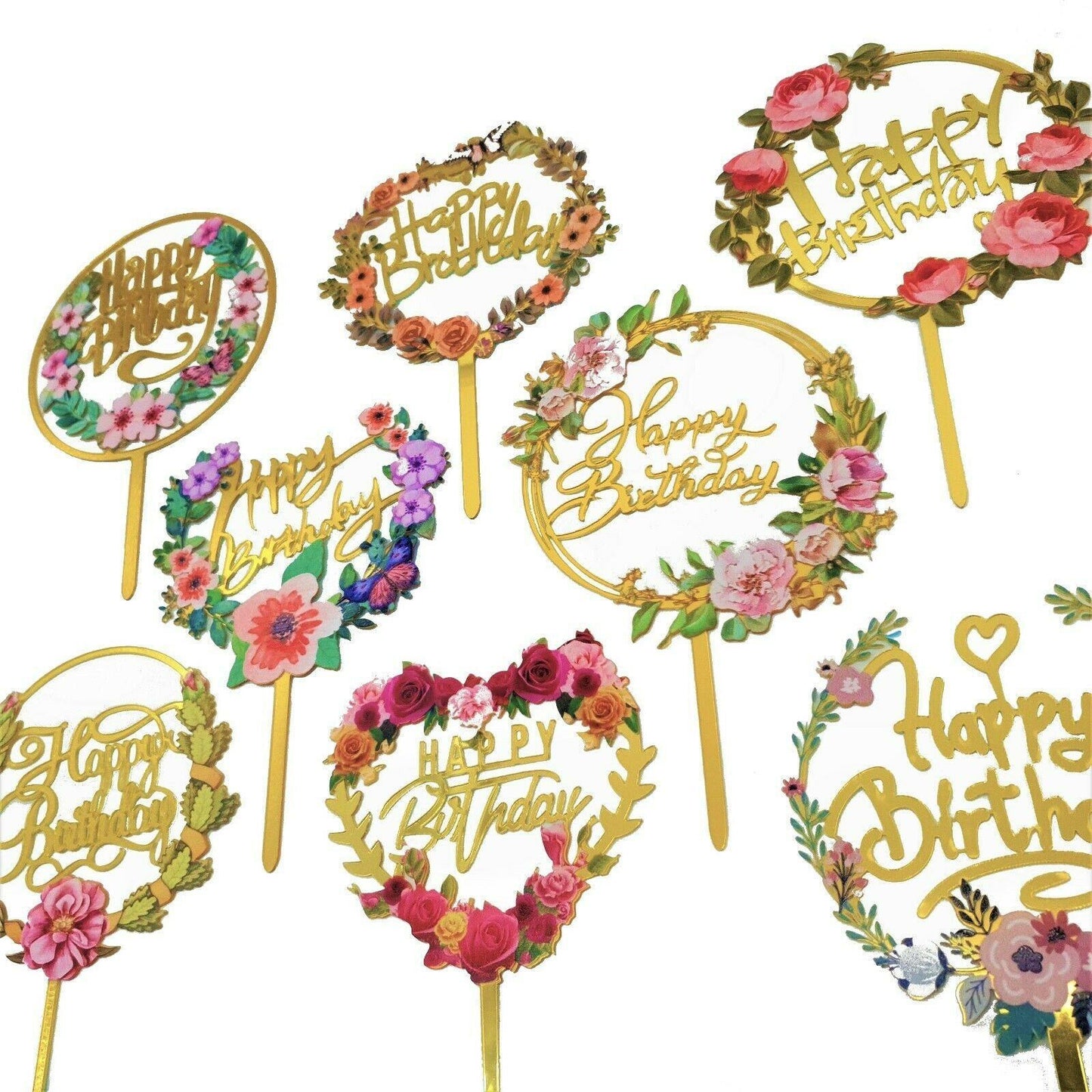 Happy Birthday Anniversary Wedding Cake Flowers Topper Acrylic Party Decorations - NO.01