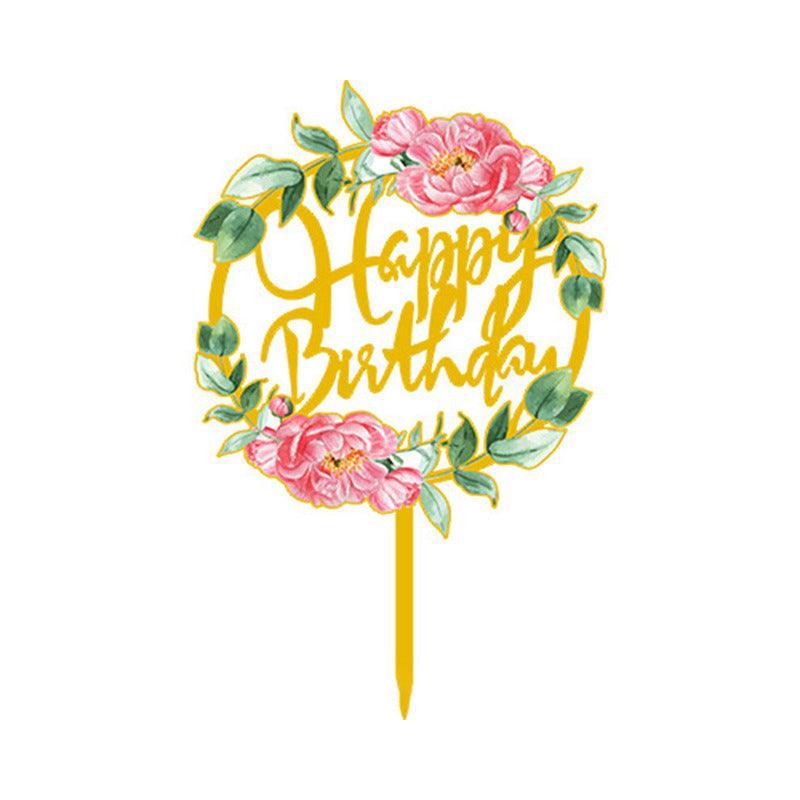 Happy Birthday Anniversary Wedding Cake Flowers Topper Acrylic Party Decorations - NO.01