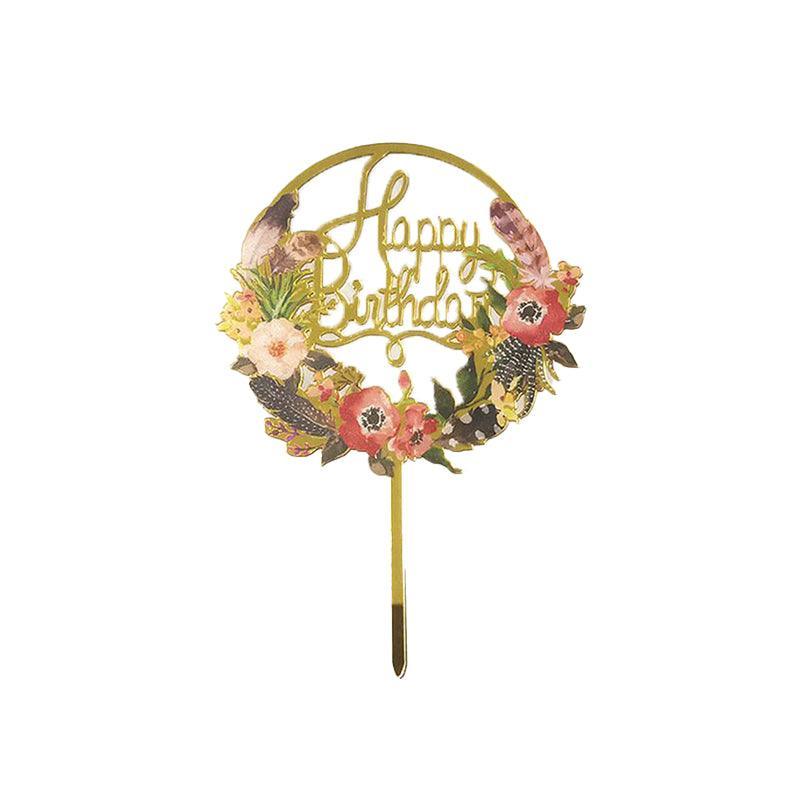 Happy Birthday Anniversary Wedding Cake Flowers Topper Acrylic Party Decorations - NO.01