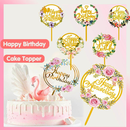 Happy Birthday Anniversary Wedding Cake Flowers Topper Acrylic Party Decorations - NO.02