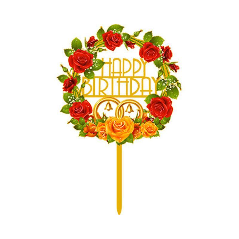 Happy Birthday Anniversary Wedding Cake Flowers Topper Acrylic Party Decorations - NO.03
