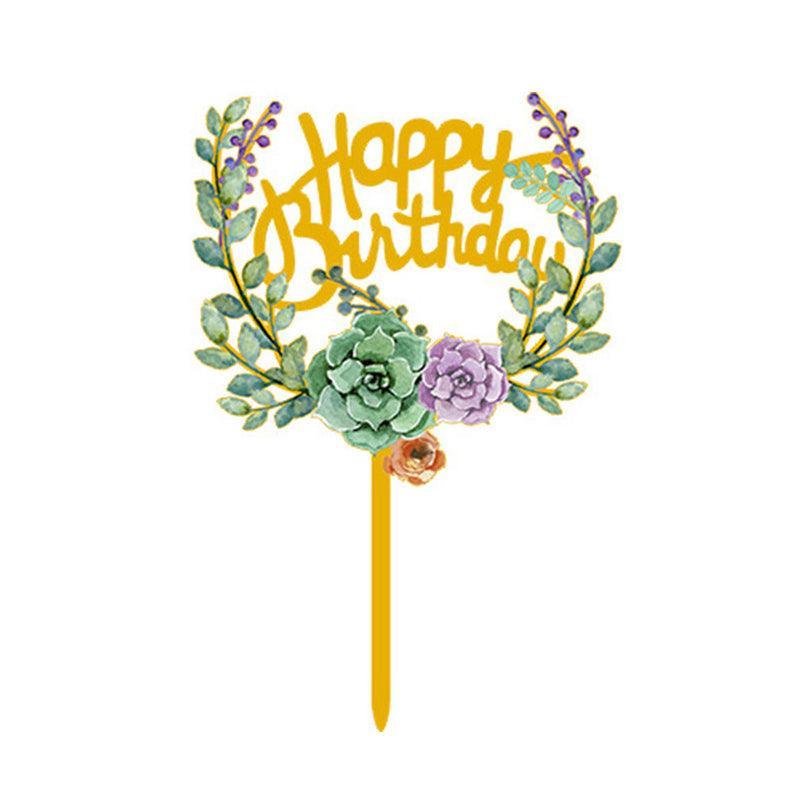 Happy Birthday Anniversary Wedding Cake Flowers Topper Acrylic Party Decorations - NO.08