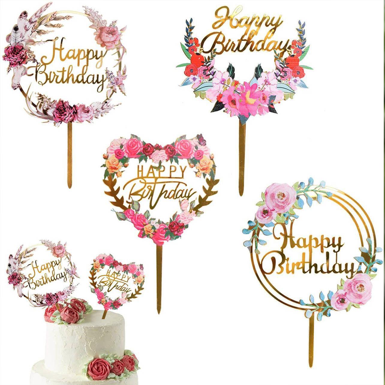 Happy Birthday Anniversary Wedding Cake Flowers Topper Acrylic Party Decorations - NO.09