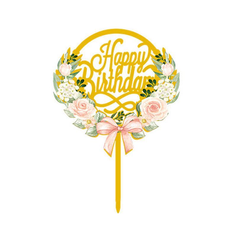 Happy Birthday Anniversary Wedding Cake Flowers Topper Acrylic Party Decorations - NO.09