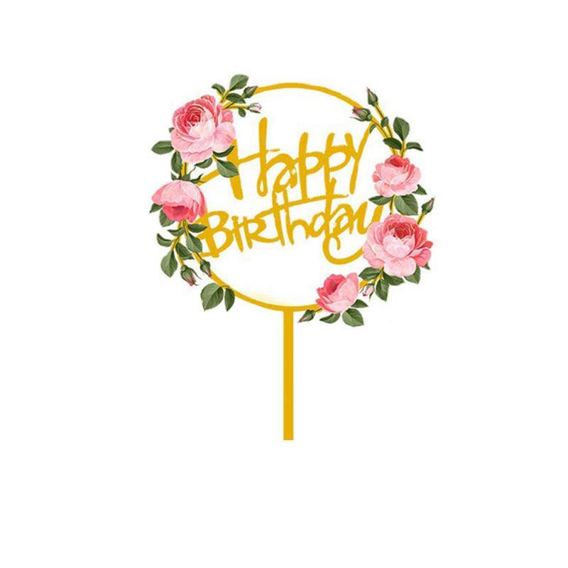 Happy Birthday Anniversary Wedding Cake Flowers Topper Acrylic Party Decorations - NO.09
