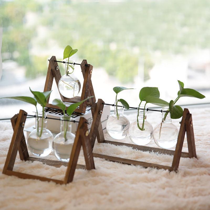 Wood Stand Glass Vase Terrarium Hydroponic Hanging Planter Home Decor - M With 2 Bottles